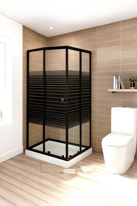 شور زجاج زاوية L – فريم أسود بخطوط Privacy (سحاب مزدوج)